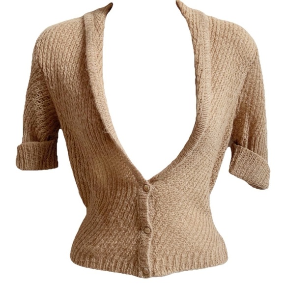Express Mohair Wool Tan Short Sleeve Cropped Cowl Neck Knit Cardigan Sweater S - Picture 3 of 10